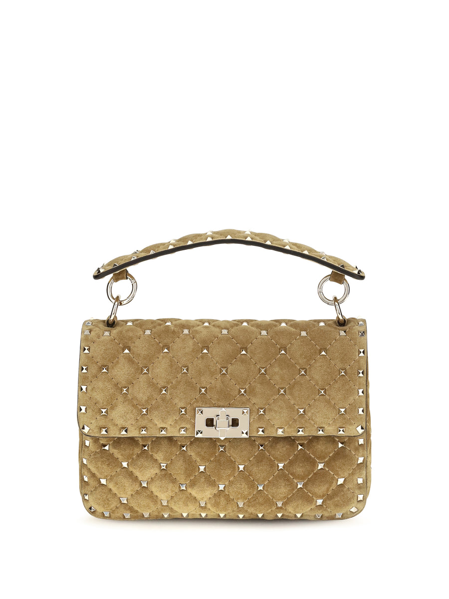 Medium Rockstud Spike Suede Top Handle Bag Havana Beige Calf Leather Bos Taurus Shoulder