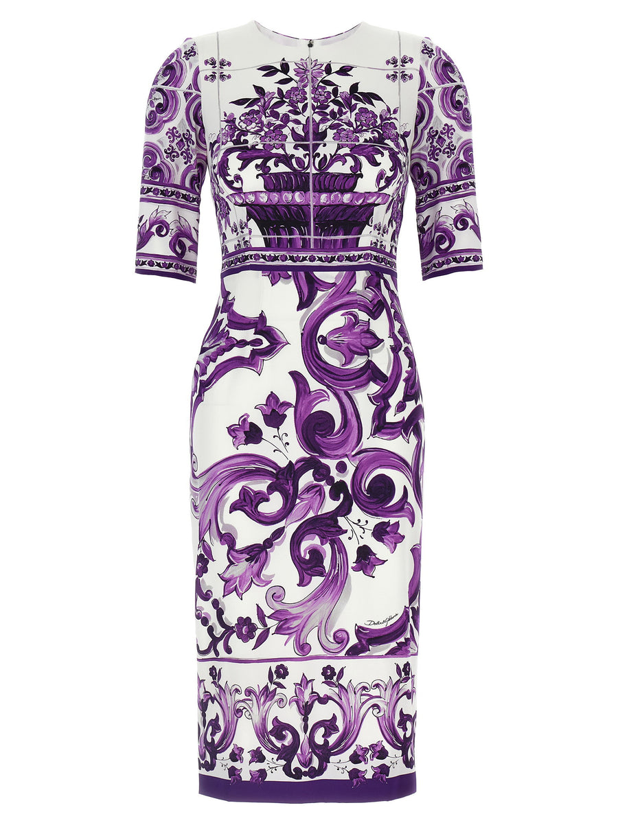 Dolce & Gabbana Maiolica Print Silk Dress — Purple