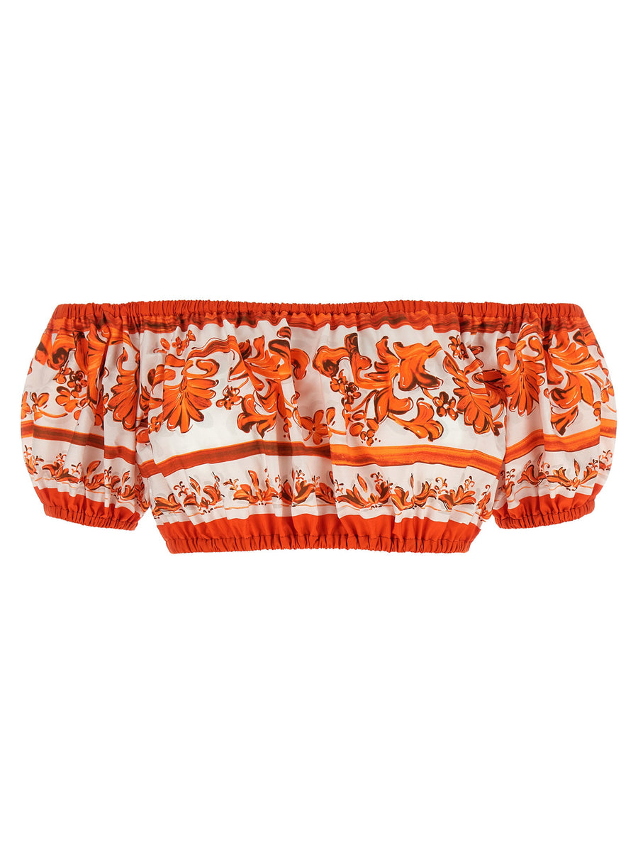 Dolce & Gabbana Maiolica-Print Cotton Poplin Blouse — Orange