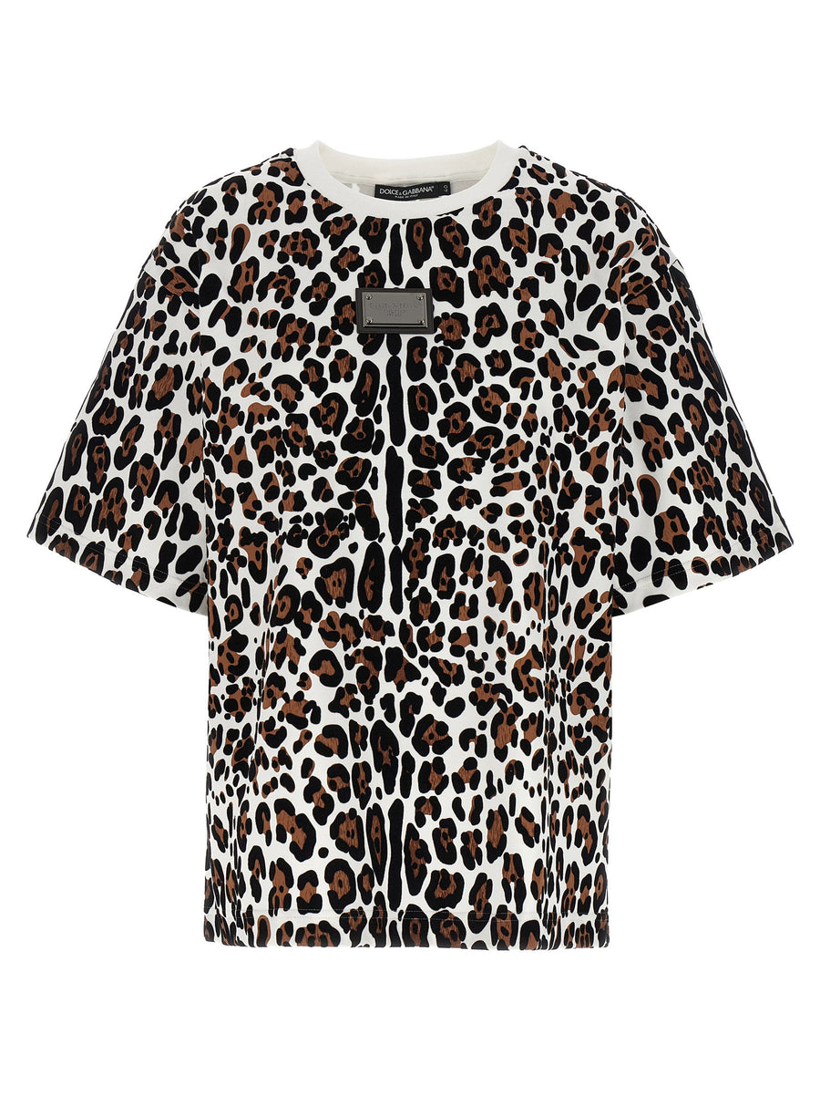 Dolce & Gabbana Leopard Print Logo Plaque T-shirt — Multi