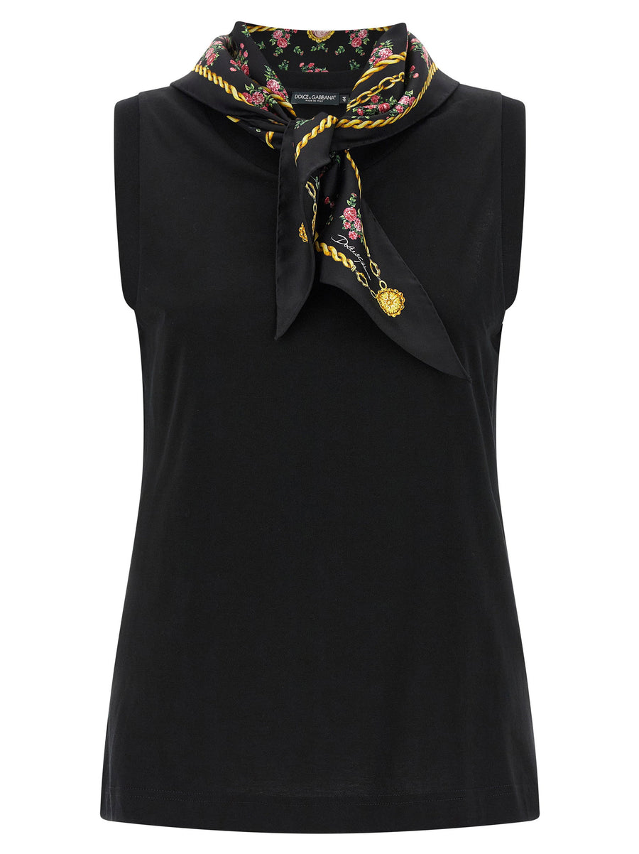 Dolce & Gabbana Silk Scarf-Trimmed Cotton Tank Top — Black