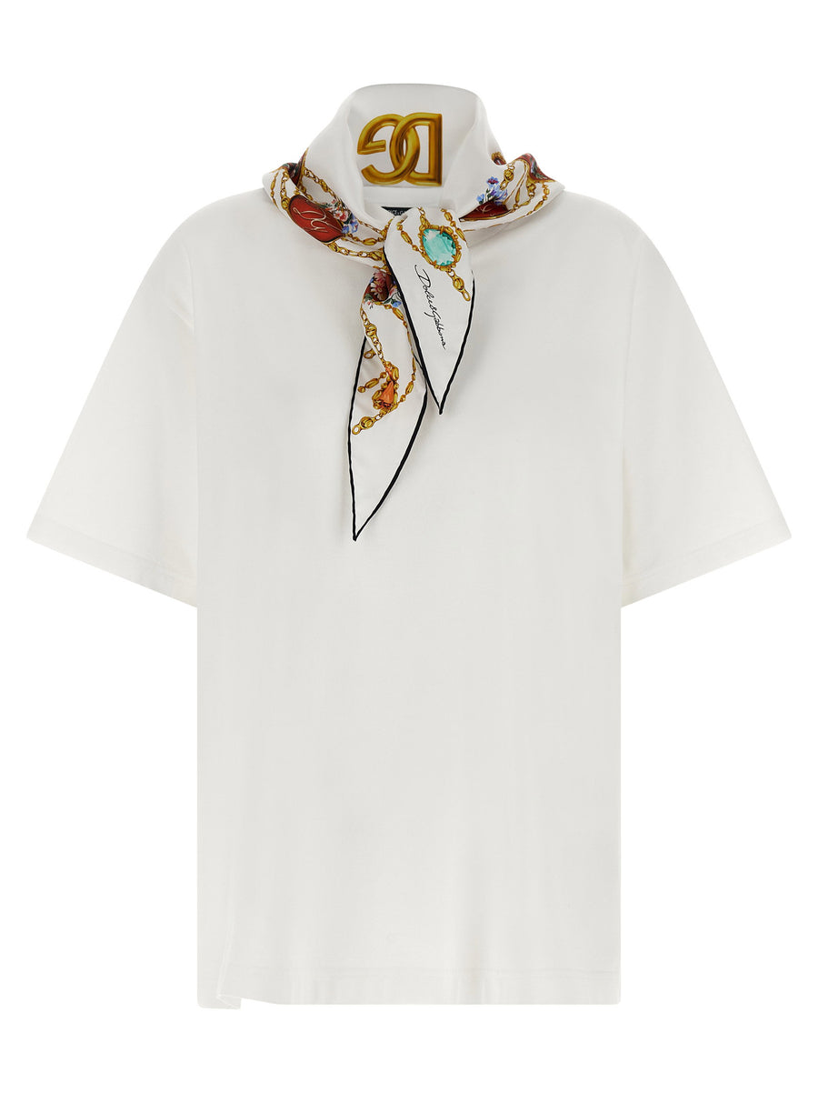 Dolce & Gabbana Logo-Embroidered with Silk Scarf T-shirt — White
