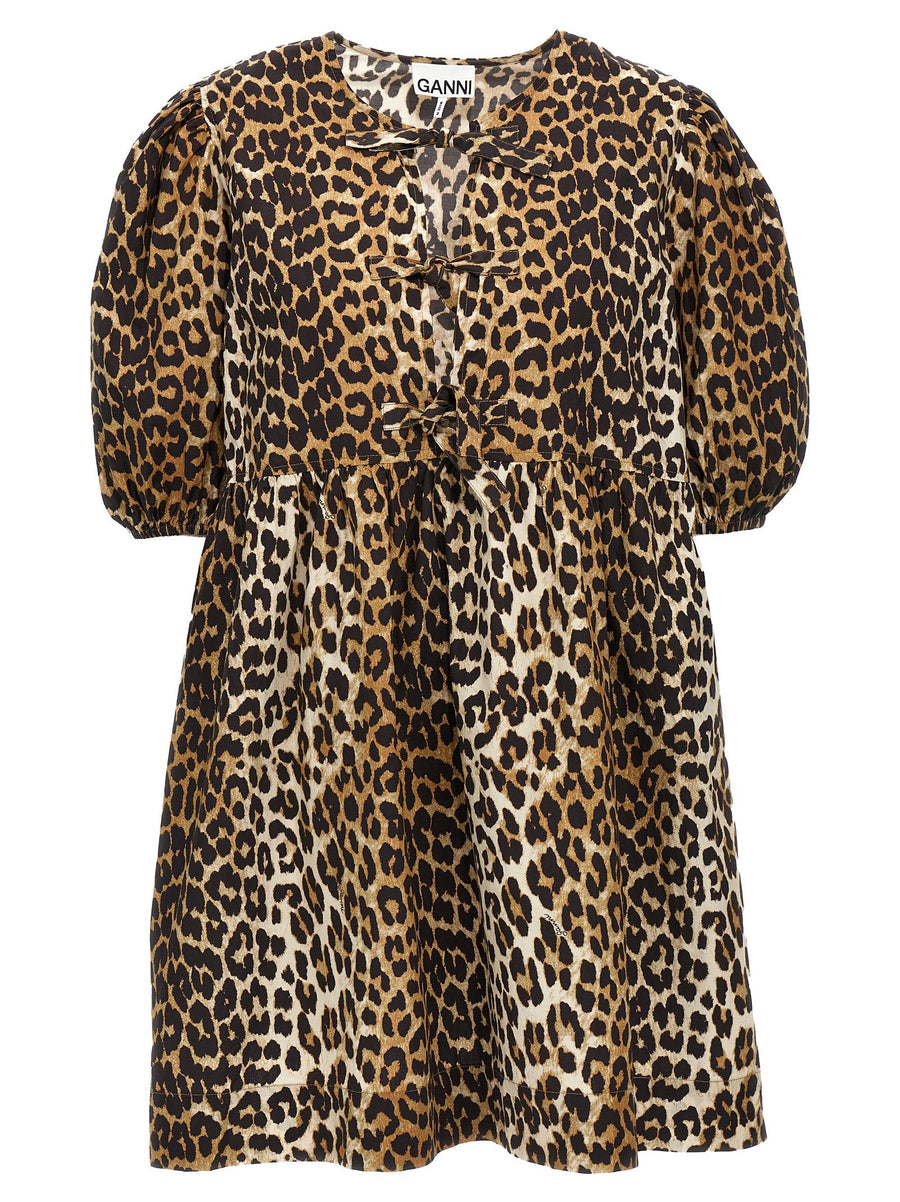 Ganni Leopard-Print Organic Cotton Dress — Brown