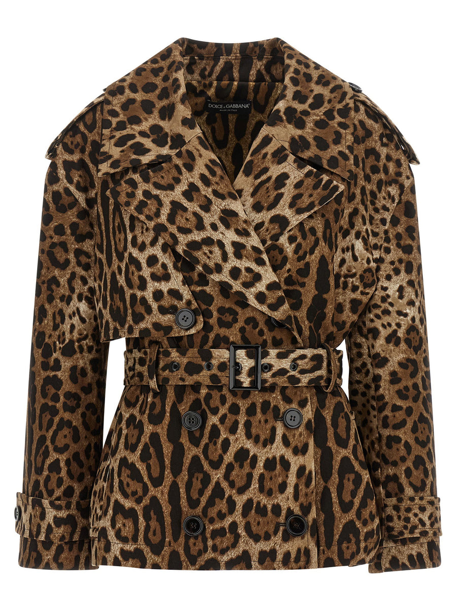 Dolce & Gabbana Leopard-Print Cotton Drill Trench Coat — Tan
