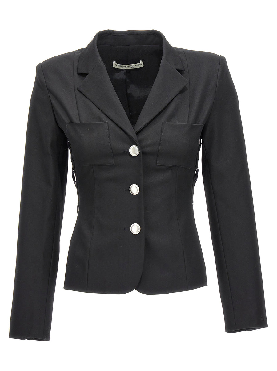 Alessandra Rich Wool Blend with Lace-Up Detail Blazer — Black