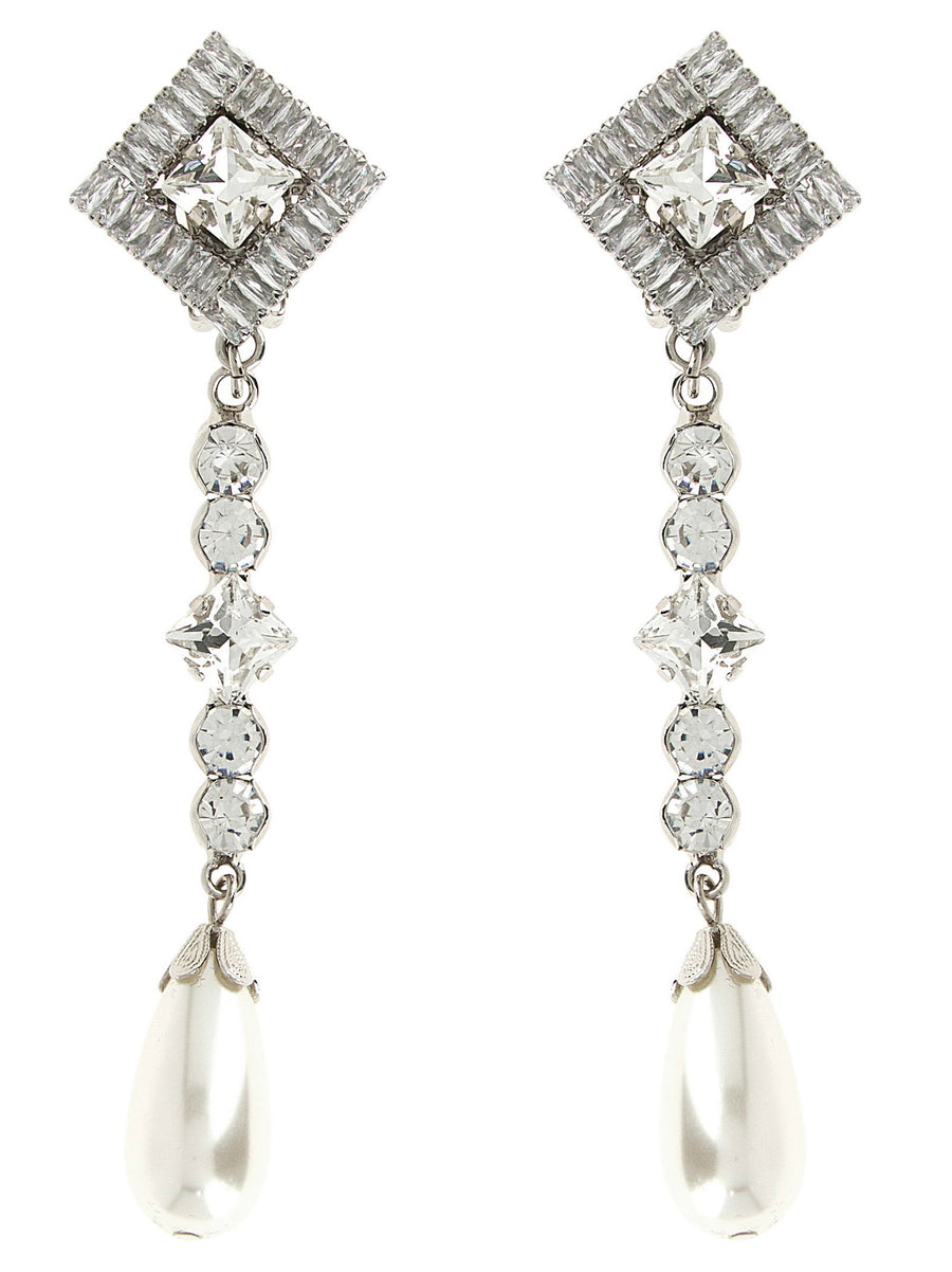 Alessandra Rich Crystal and Pearl Chandelier Earrings — Silver