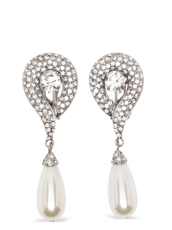 Alessandra Rich Crystal and Pearl Drop Earrings — Silver