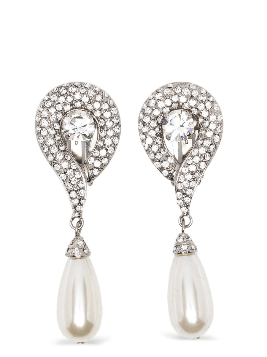 Alessandra Rich Crystal and Pearl Drop Earrings — Silver