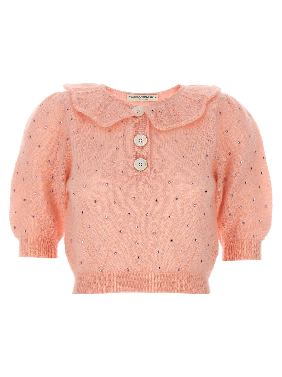 Alessandra Rich Rhinestone-Embellished Mohair Blend Sweater — Pink