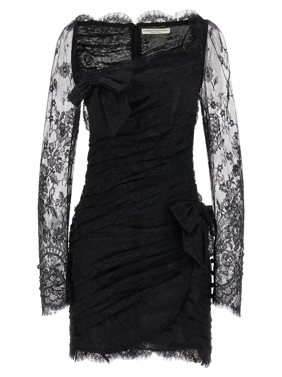 Alessandra Rich Draped Lace Dress — Black