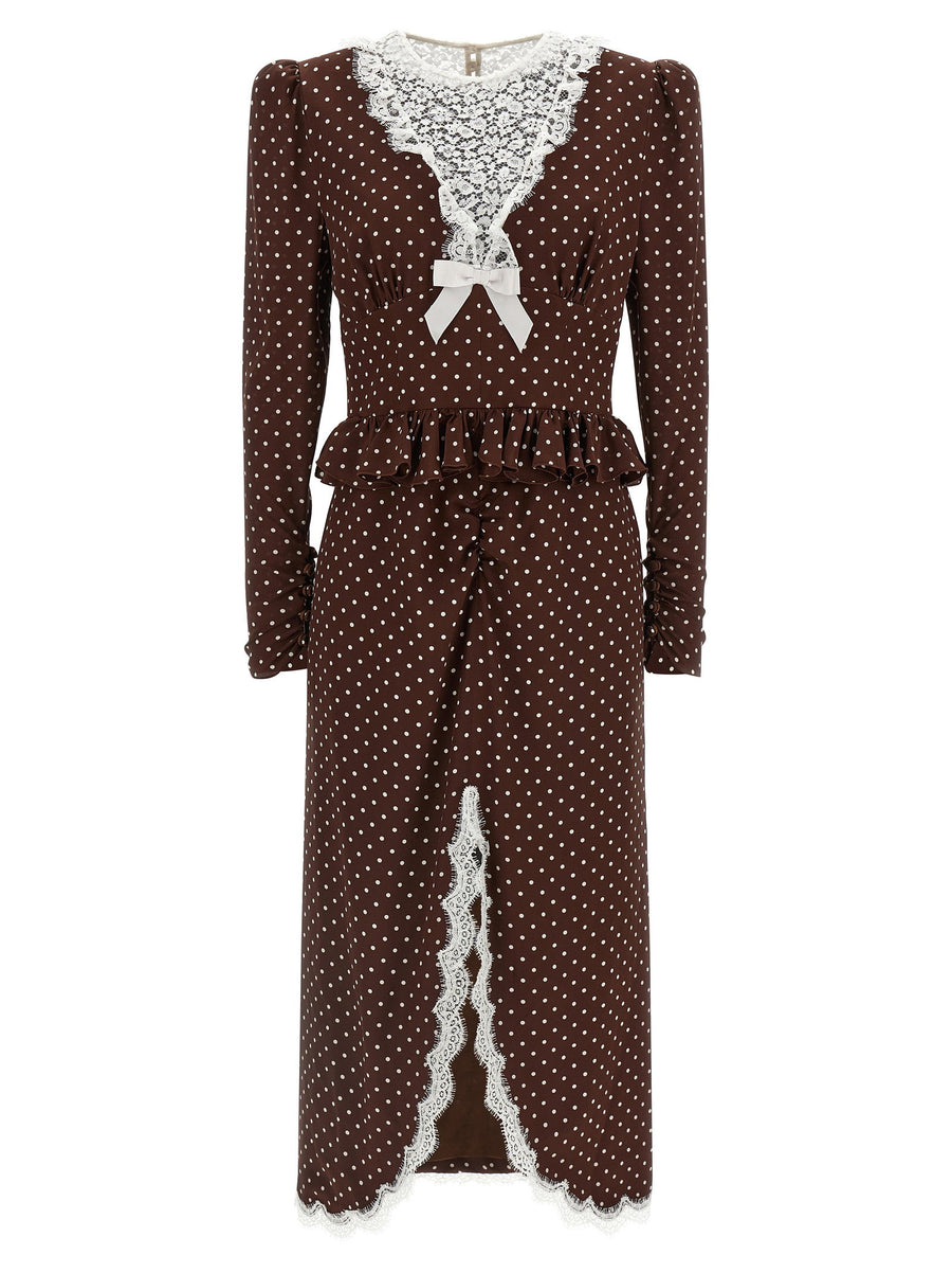 Alessandra Rich Polka-Dot Silk with Lace Dress — Brown