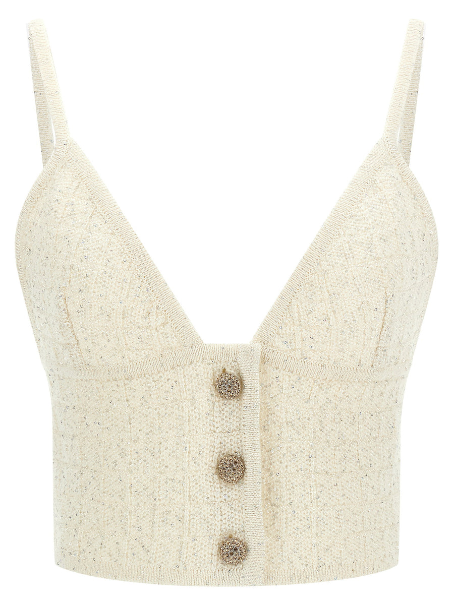 Alessandra Rich Micro-Sequin Knit Tank Top — Cream