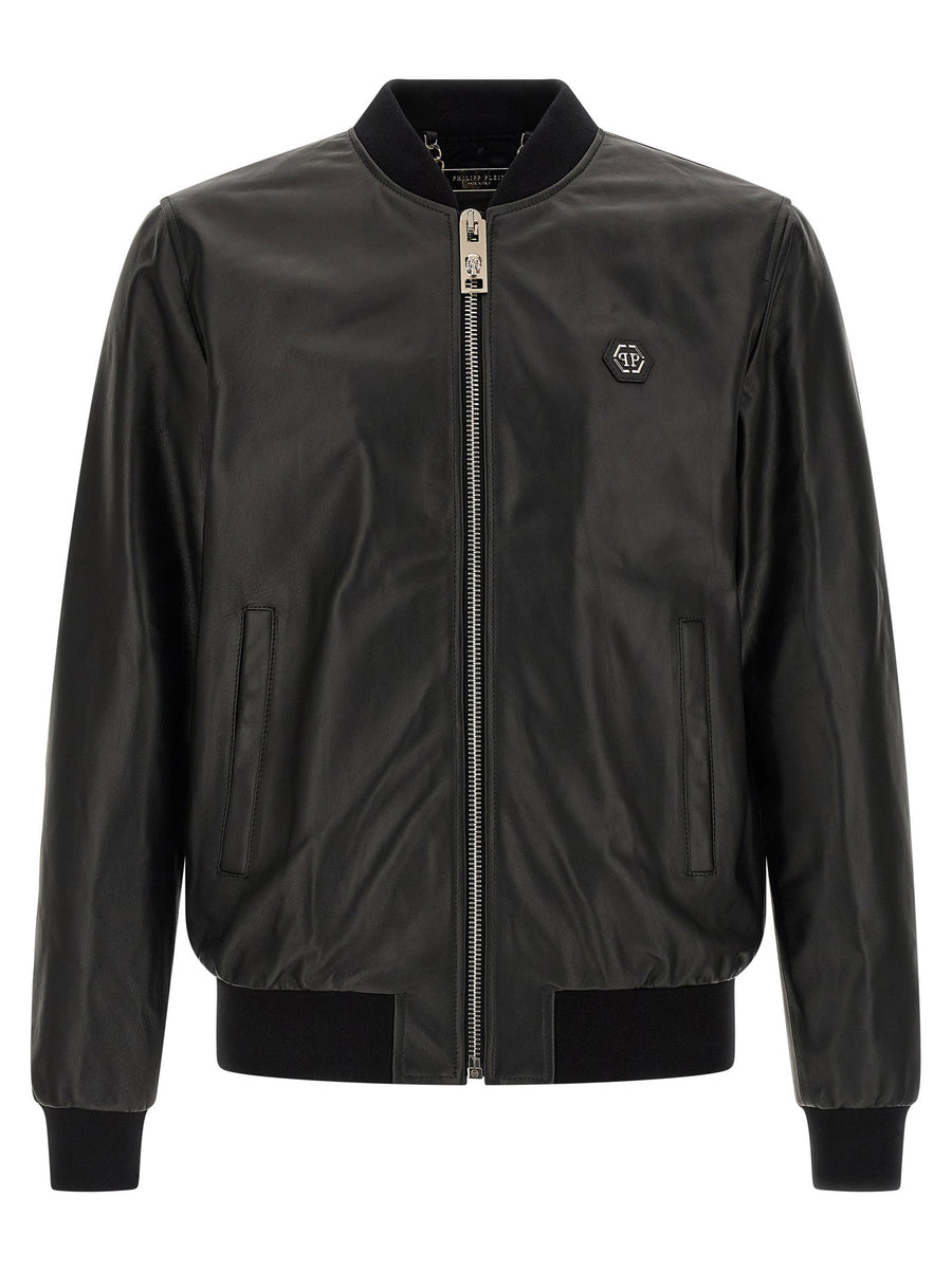 Philipp Plein Leather Bomber Jacket — Black