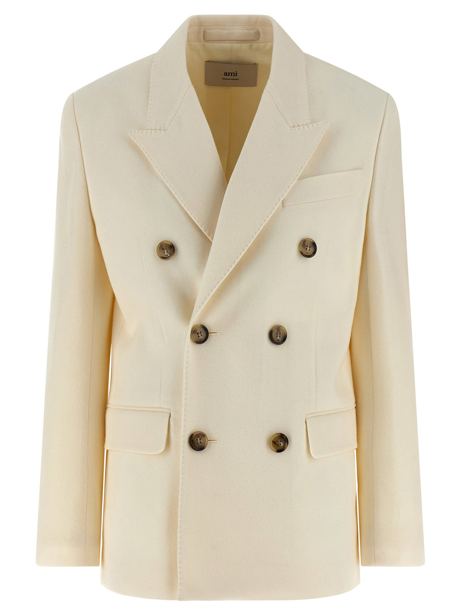 Ami Paris Double-Breasted Wool Blazer — Cream