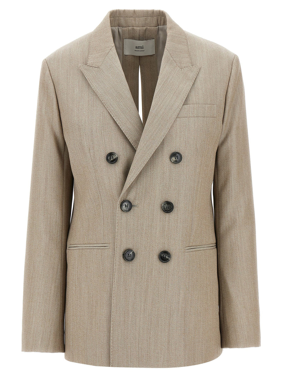 Ami Paris Double-Breasted Wool Blazer — Beige