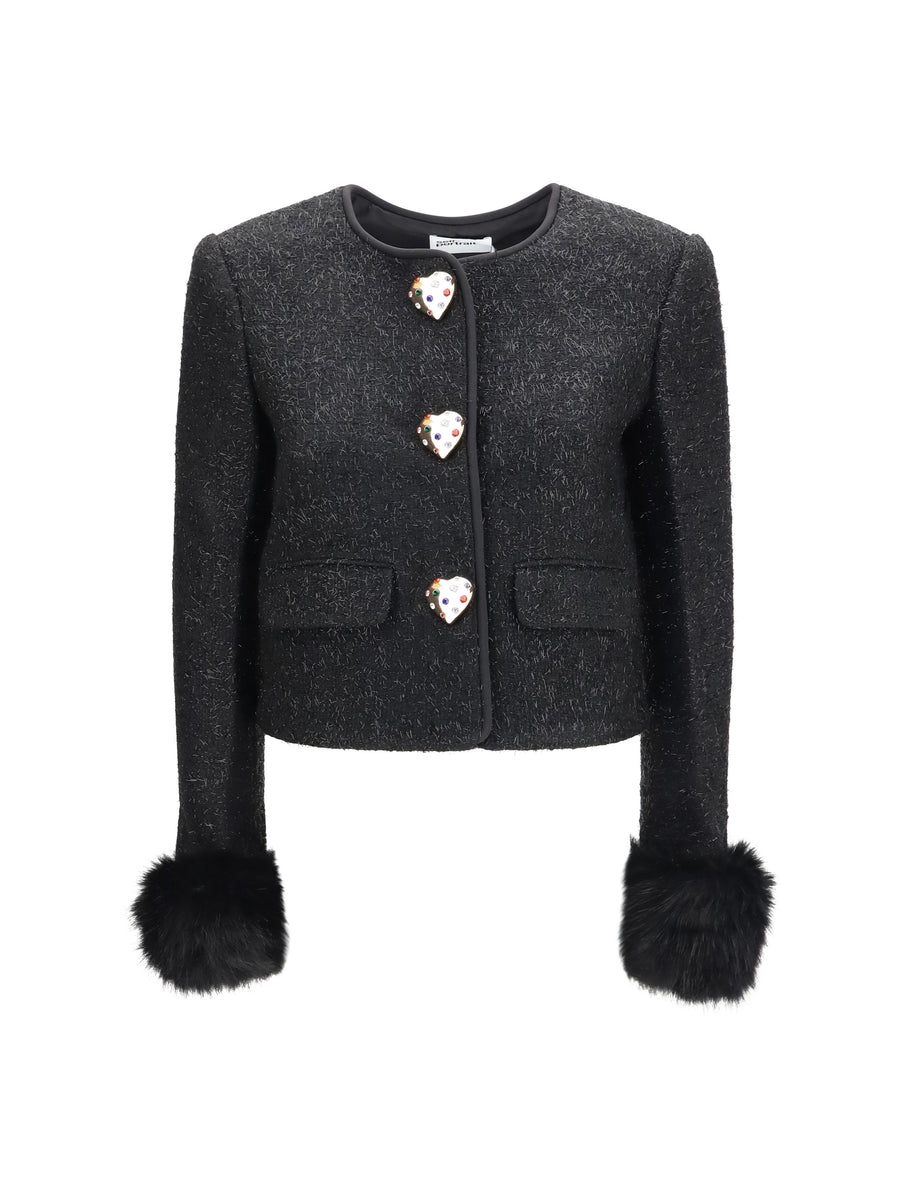 Metallic Bouclé Jacket With Faux Fur Cuffs Black