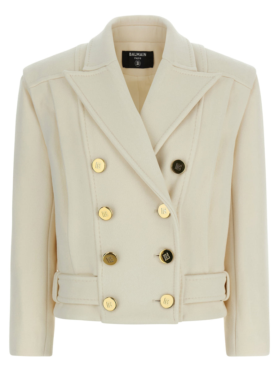 Balmain Double-Breasted Wool Blend Blazer — Cream