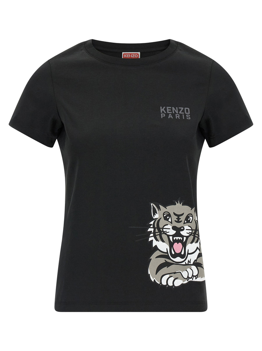 Kenzo Logo-Embroidered Happy Tiger Print T-Shirt — Black