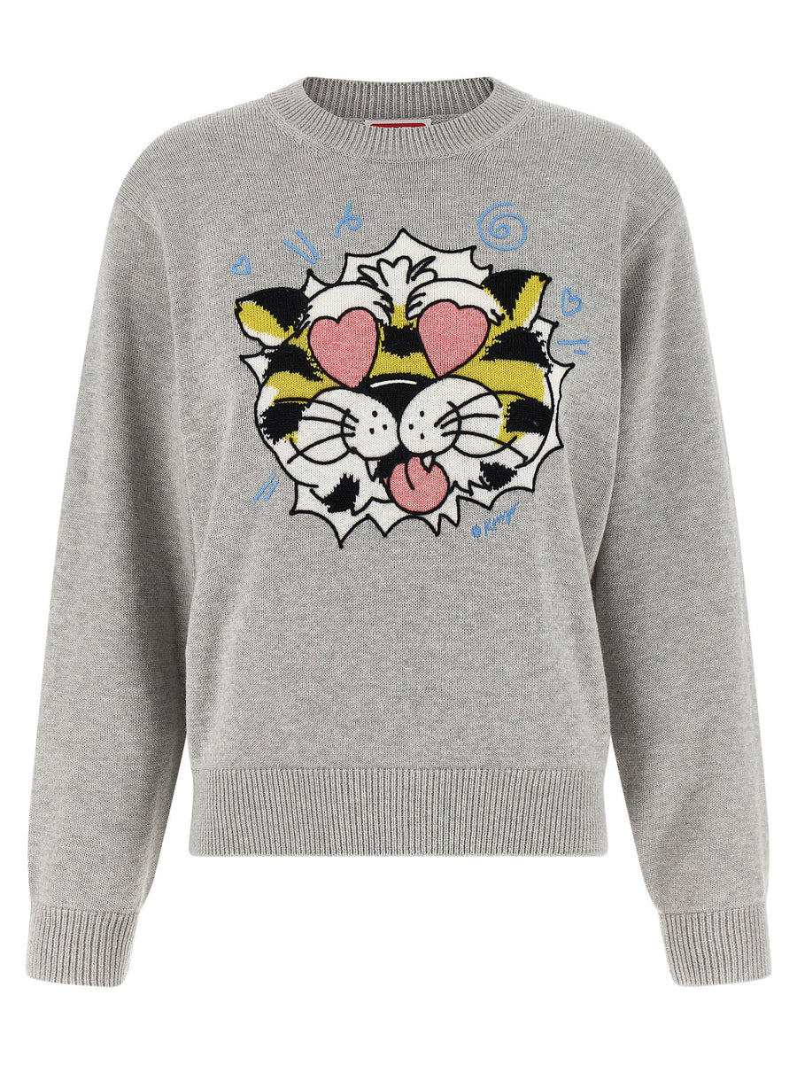 Kenzo Intarsia Tiger Embroidery Sweater — Grey