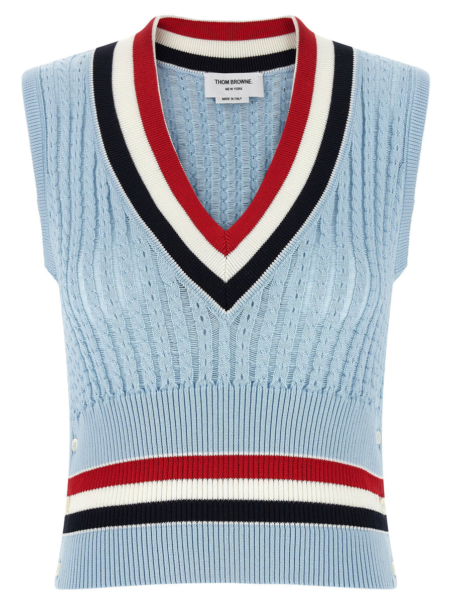 Thom Browne RWB Striped Cotton Knit Vest — Light Blue