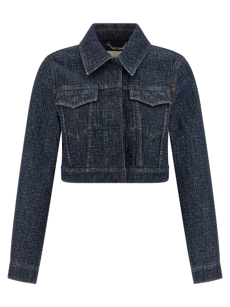 Fendi Padded FF Jacquard Denim Bolero Jacket — Navy