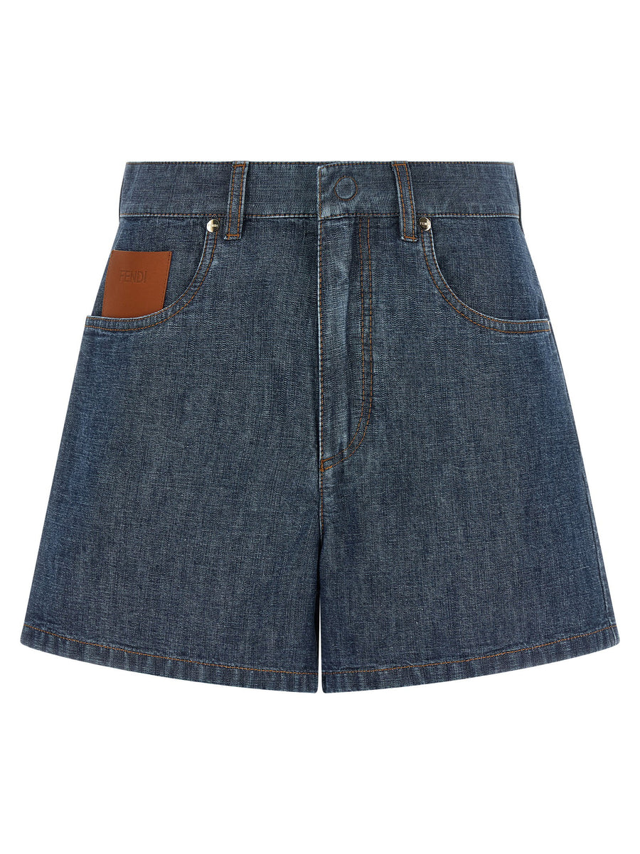 Fendi High-Waisted Cotton Denim Shorts — Blue