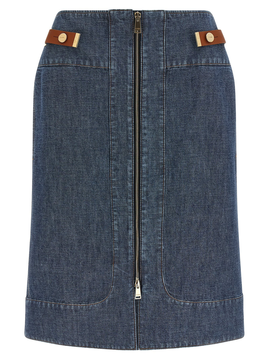 Fendi Double-Zip Denim Skirt — Navy