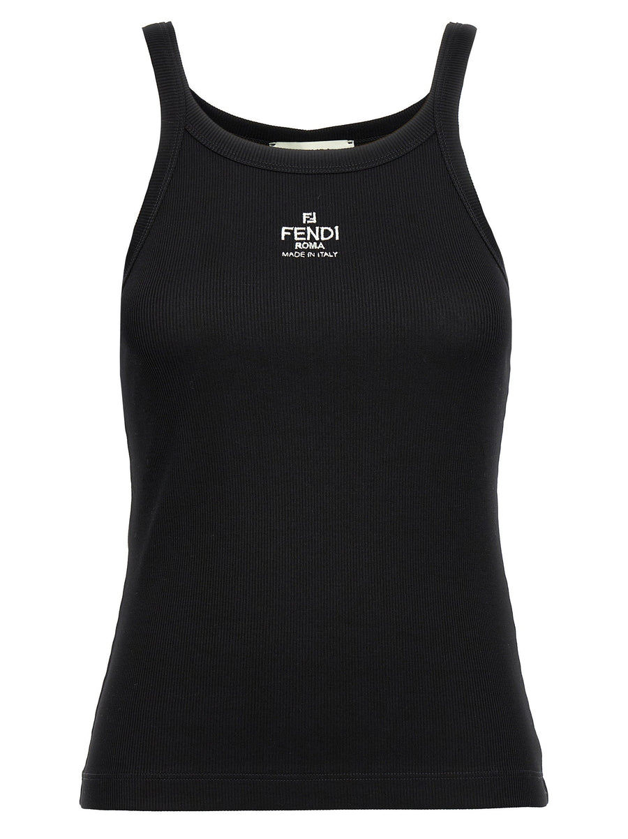 Fendi Logo-Embroidered Ribbed Cotton Tank Top — Black