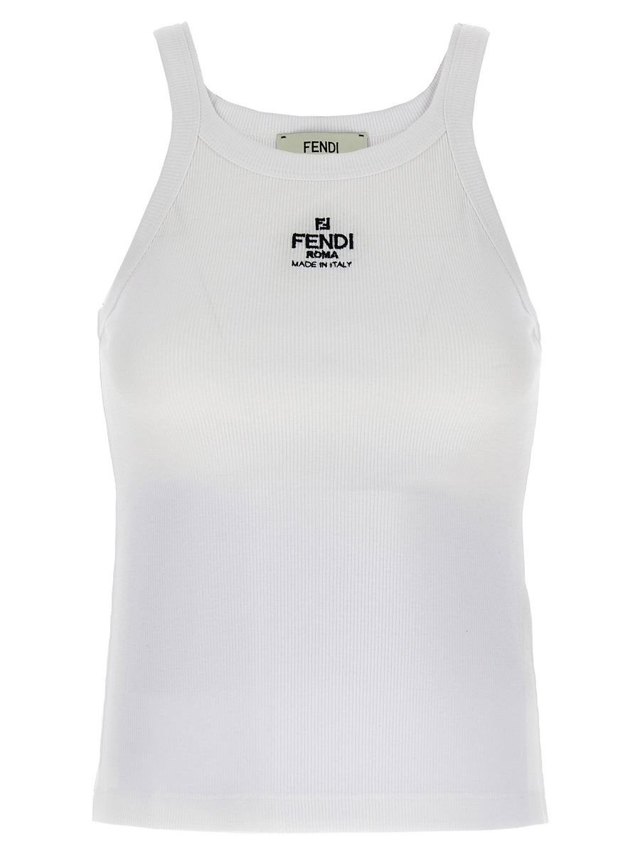 Fendi Logo-Embroidered Cotton Tank Top — White