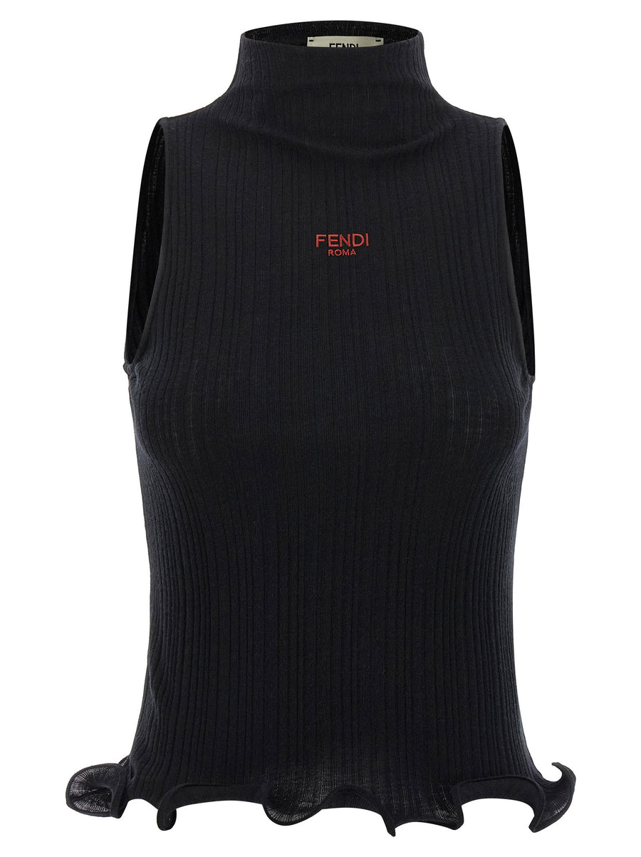 Fendi Logo-Embroidered Ribbed Cotton Tank Top — Black