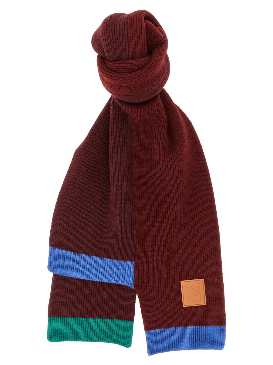 Loewe Ribbed Wool with Contrast Trim Scarf — Burgundy