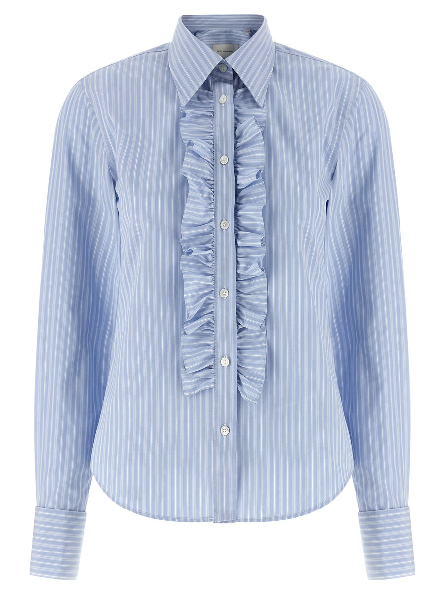 Ami Paris Striped Cotton Poplin with Ruffled Jabot Shirt — Light Blue