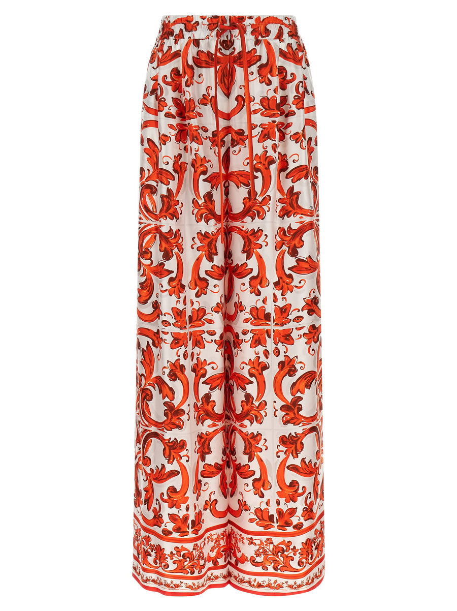 Dolce & Gabbana Maiolica-Print Silk Twill Trousers — Red
