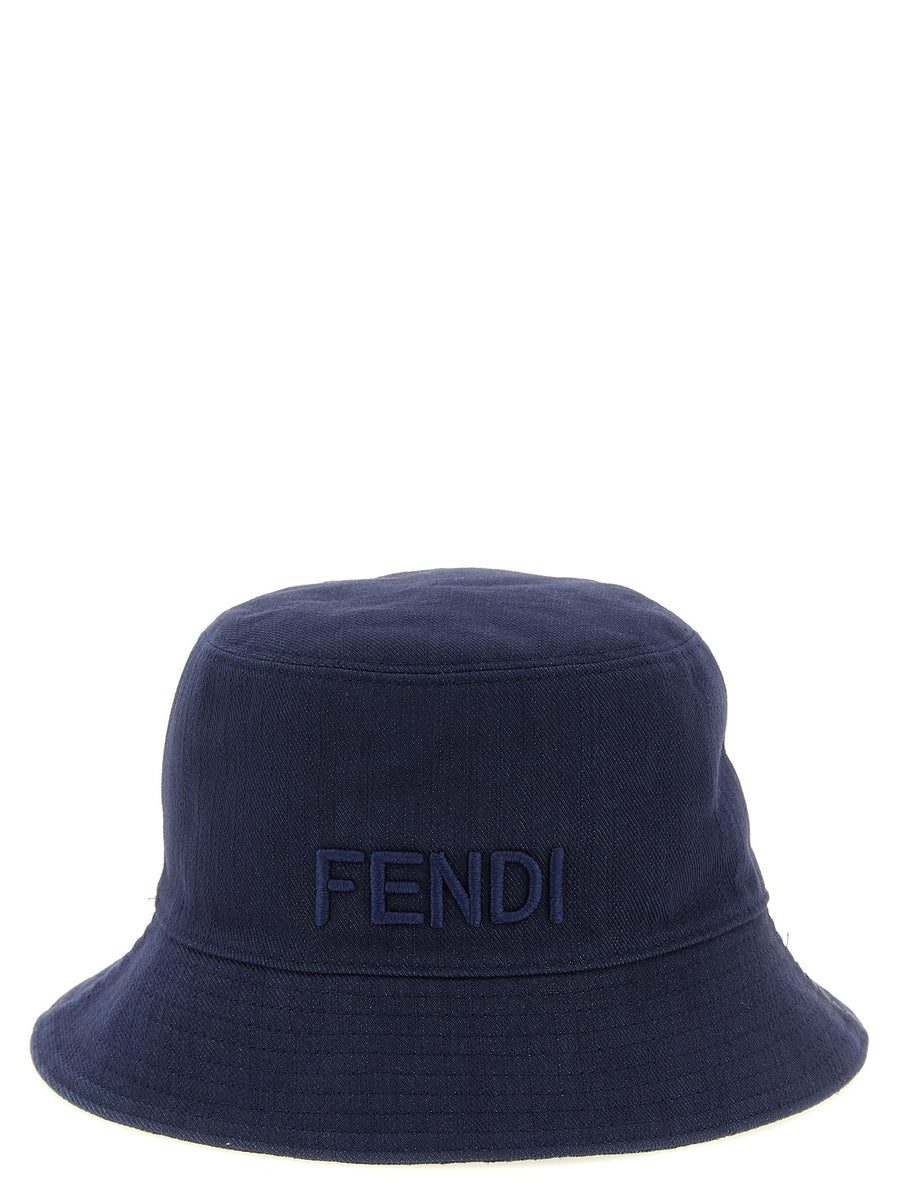 Fendi Logo-Embroidered Denim Bucket Hat — Navy