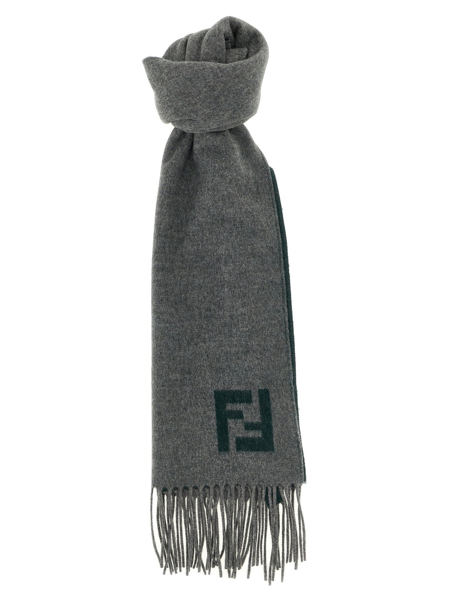 Fendi Double-Sided Wool-Cashmere with FF Intarsia Scarf — Gray