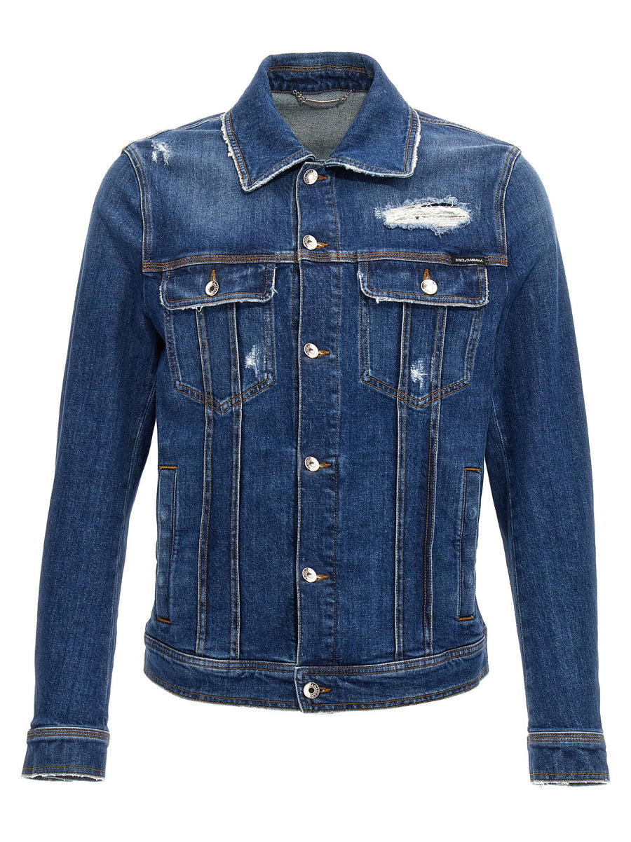 Dolce & Gabbana Distressed Stretch Denim Denim Jacket — Blue