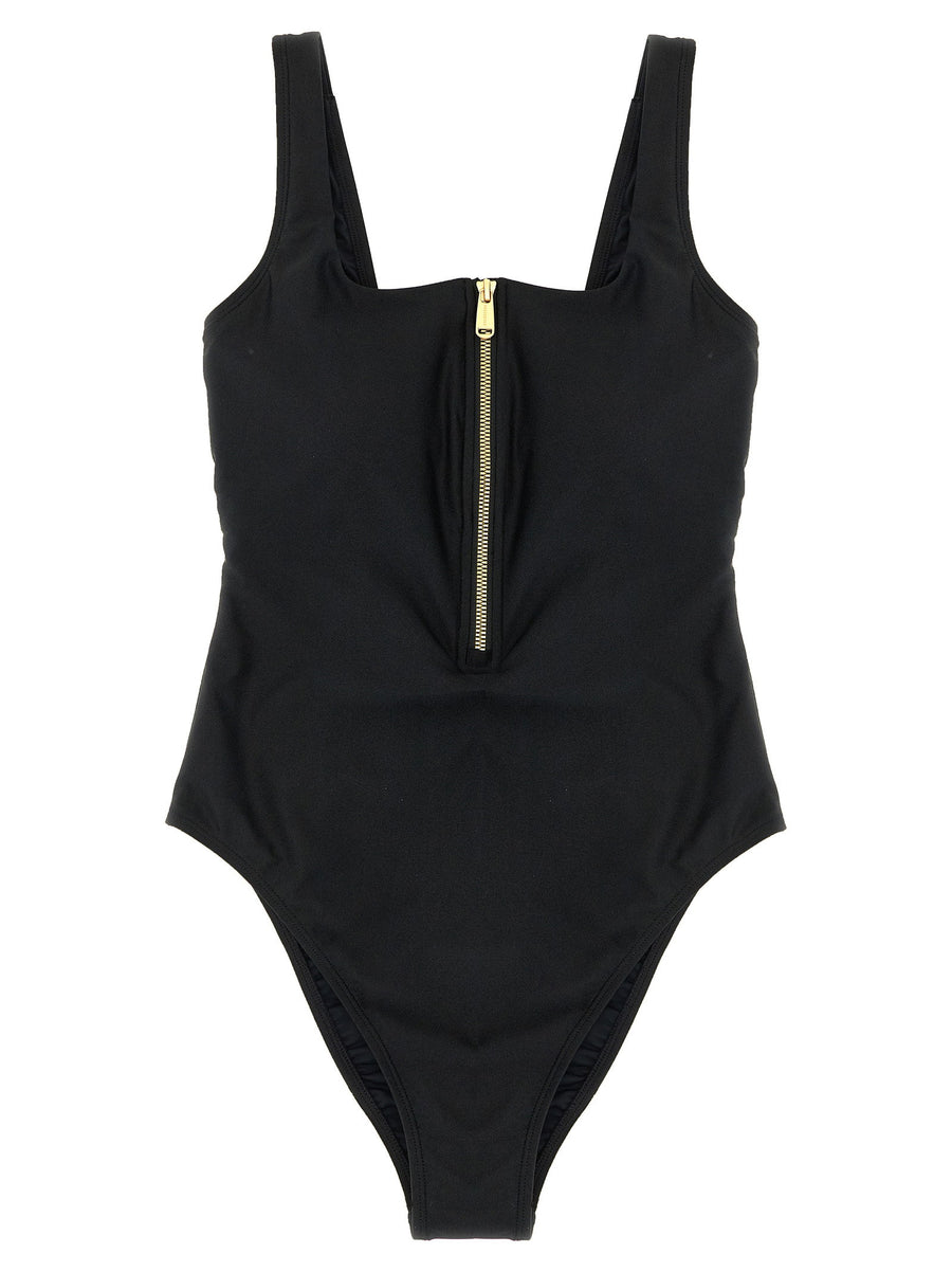 Goldbergh Square-Neck Zip Front One-Piece Swimsuit — Black