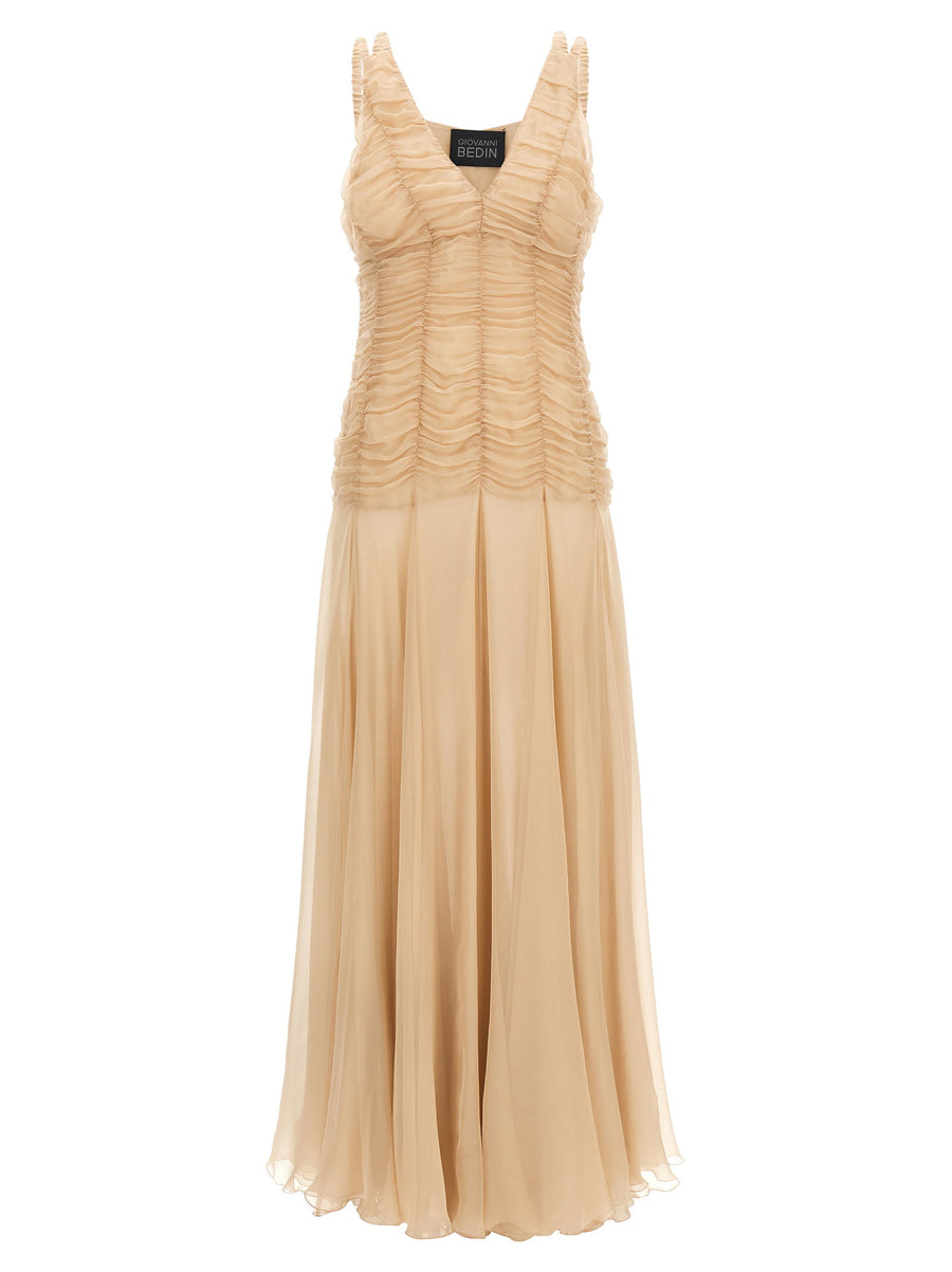 Giovanni Bedin Smocked Silk Chiffon Dress — Beige