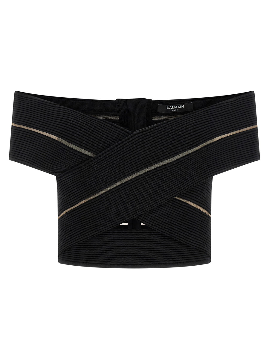 Balmain Off-Shoulder Ribbed Stretch Viscose Crop Top — Black