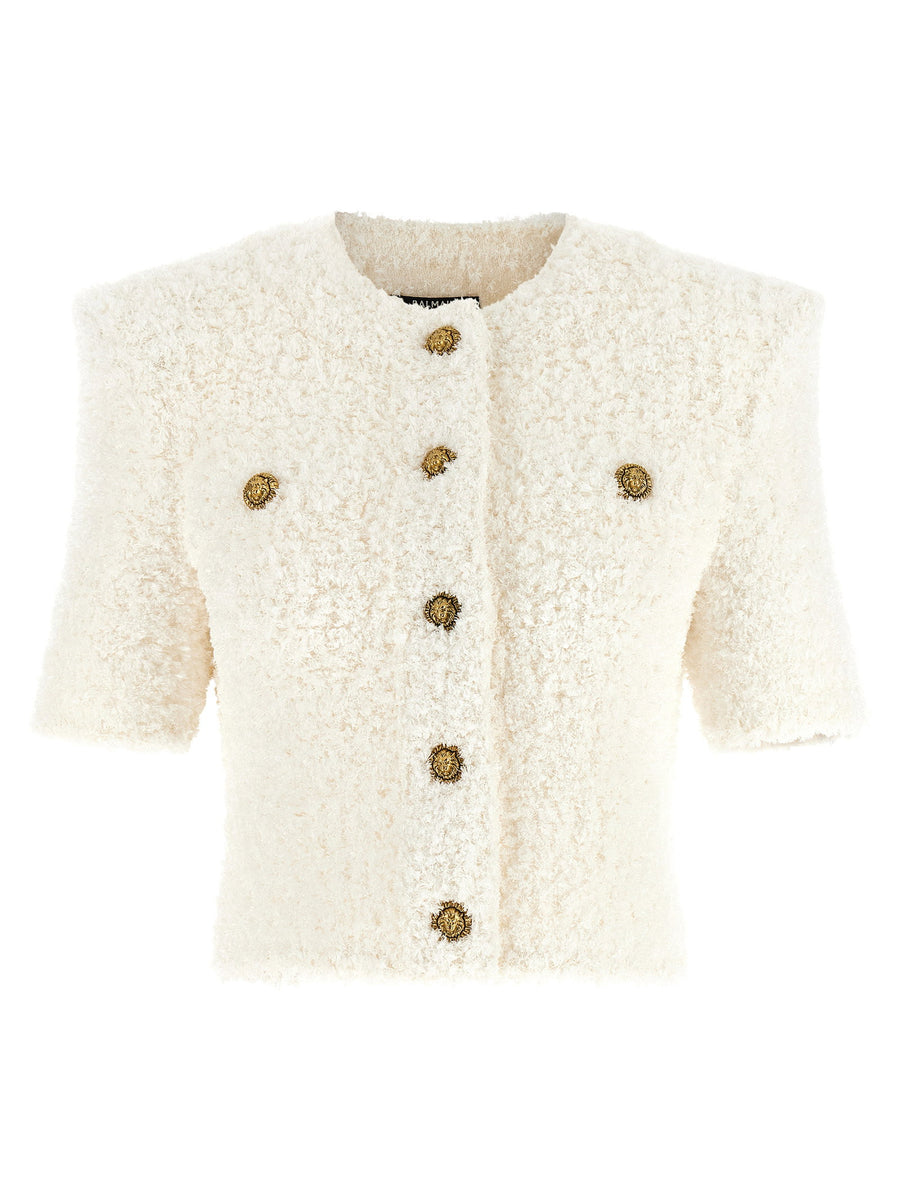 Balmain Plumetis Tweed Cardigan — Cream