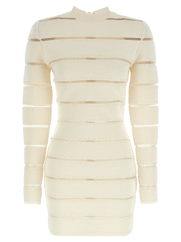فستان ضيق بتخطيط من الشبكة المرصعة بالترتر من Balmain فستان — كشطري / كونسيلد / كريمي