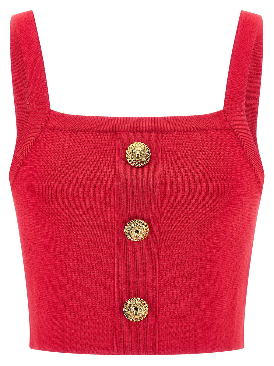Balmain Lion-Head Button Ribbed Knit Tank Top — Red
