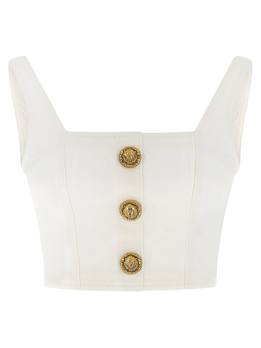 Balmain Lion-Head Button Cotton Canvas Tank Top — White