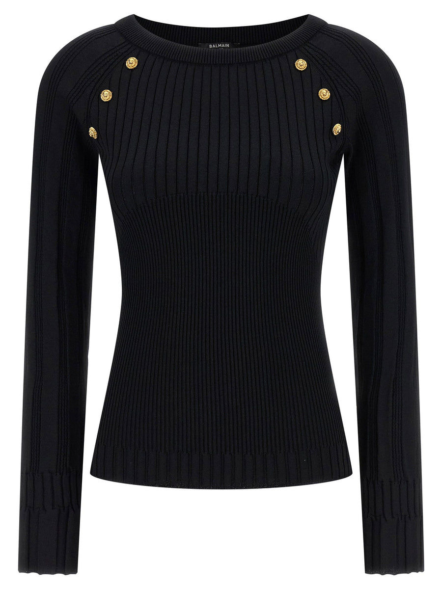 Balmain Gold Button-Embellished Ribbed Knit Sweater — Black
