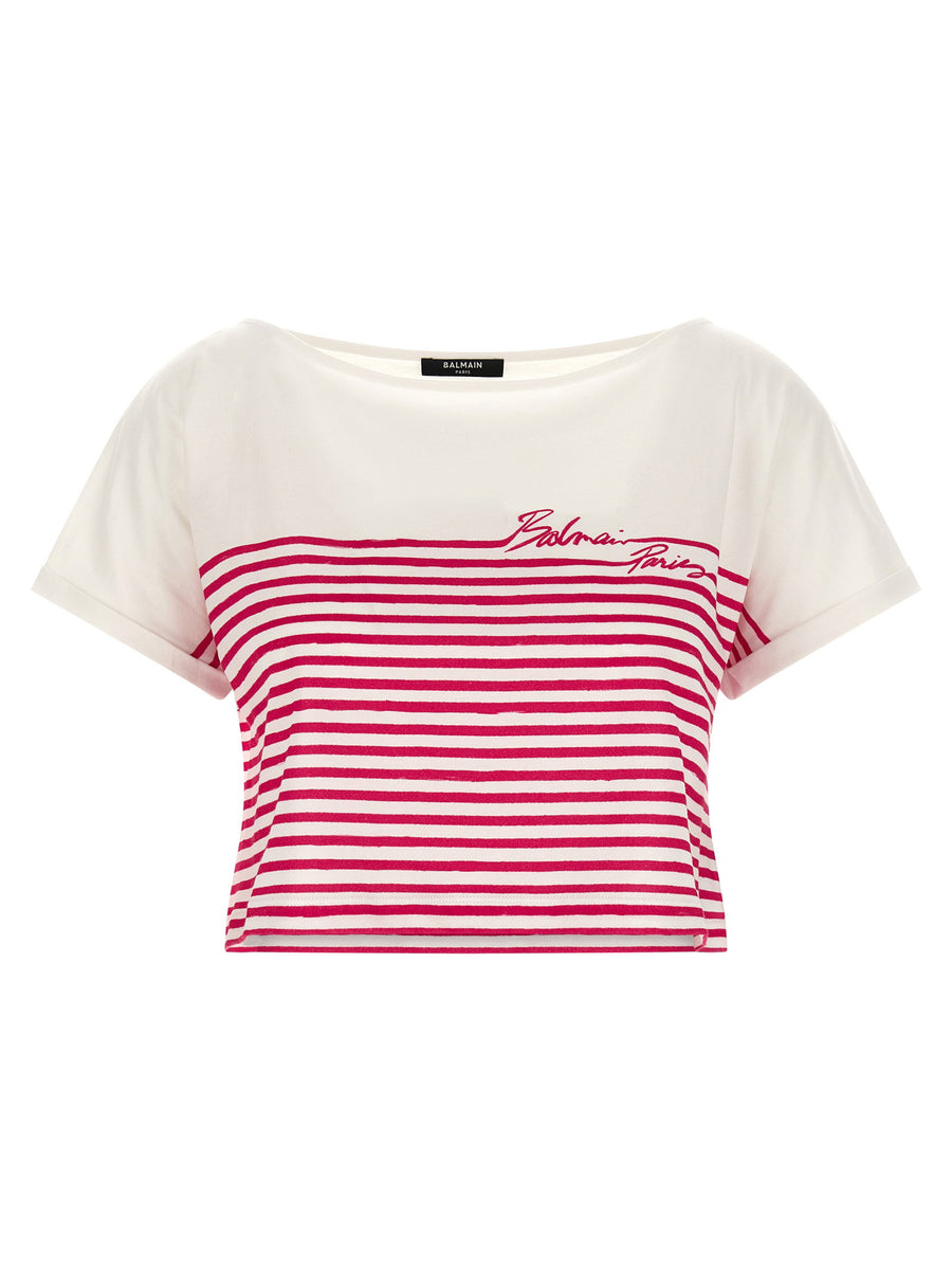 Balmain Striped Cotton Jersey T-shirt — White