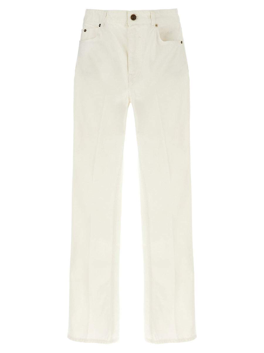 Balmain Monogram-Embroidered High-Waist Jeans — Cream