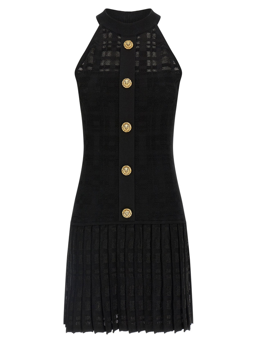 Balmain Gold Button-Embellished Knit Dress — Black