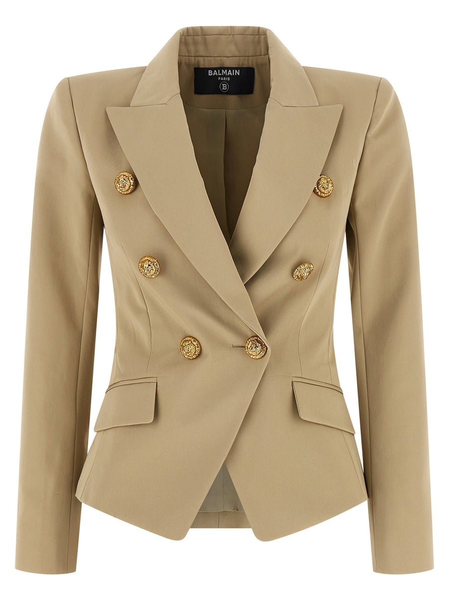 Balmain Double-Breasted Cotton Gabardine Blazer — Beige