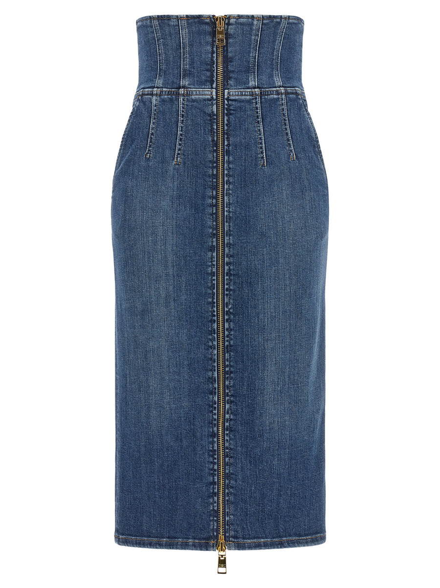 Elisabetta Franchi Corset-Style Zip Denim Skirt — Blue