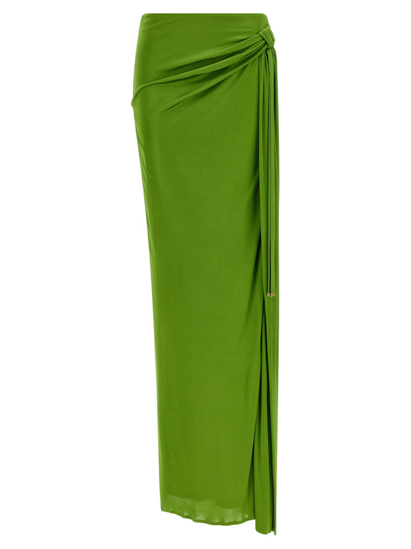 Elisabetta Franchi Shiny Viscose with Front Knot Detail Skirt — Green